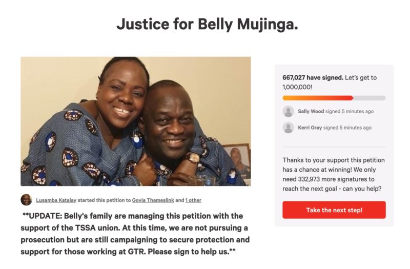 Screenshot of Justice for Belly Mujinga petition on Change.org